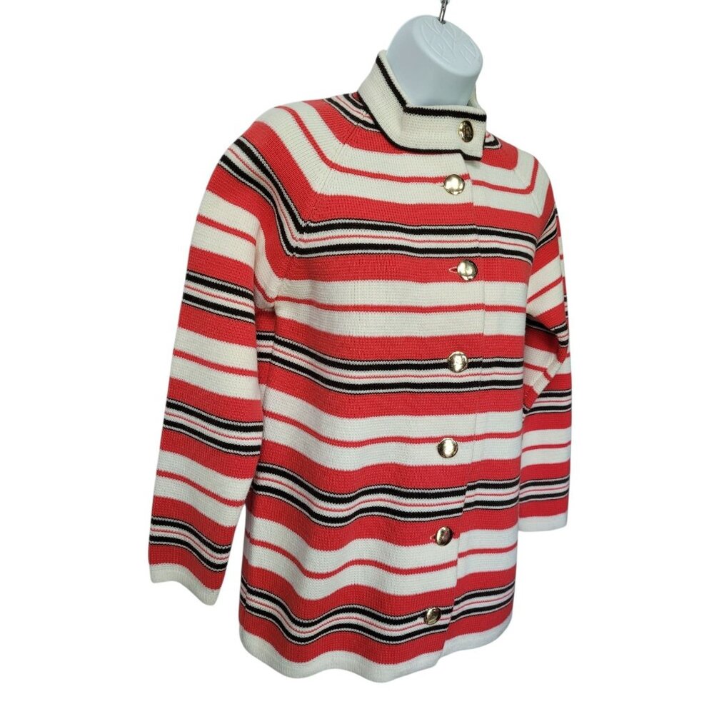 Vintage Full Fashioned Hand Loomed Womens Sweater S/M Coral White Black Stripe - Picture 5 of 14